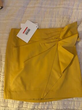 Women’s Leather Yellow Mini Skirt with Side Ruffle - NWT